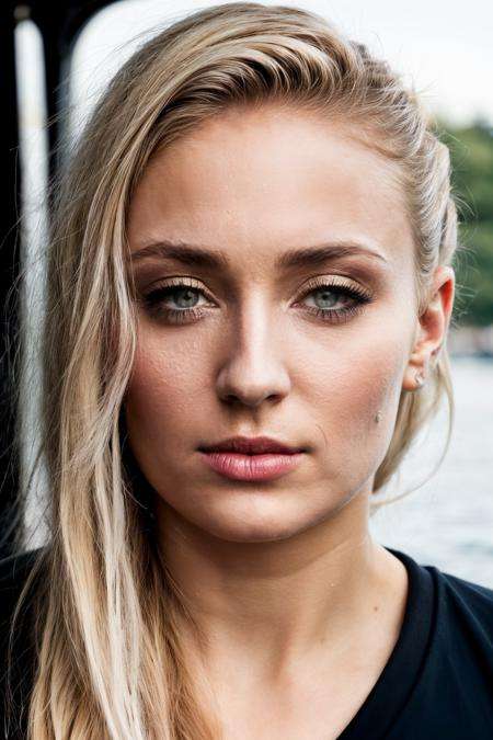 RAW, real photo portrait, sph, on a boat, (wearing a wet black t-shirt), pretty face, insanely detailed eyes, light blonde hair, high ponytail, bokeh, natural light, depth of field, golden hour, sharp focus.<lyco:SophieTurner-RealVision-V1.0:1.0>