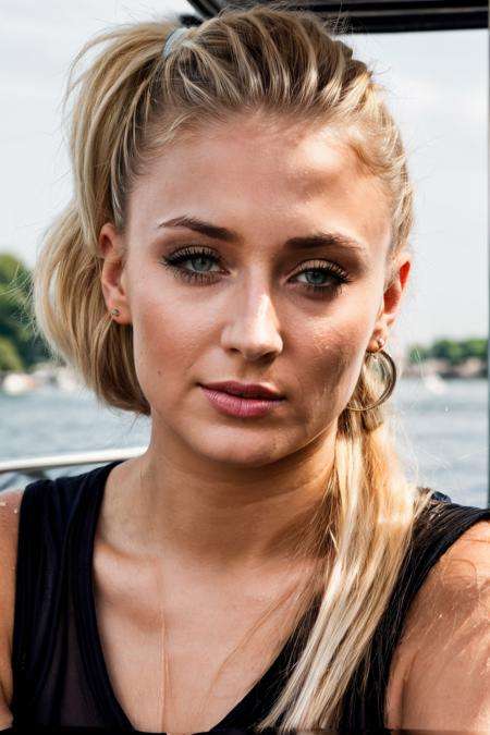 RAW, real photo portrait, sph, on a boat, (wearing a wet black t-shirt), pretty face, insanely detailed eyes, light blonde hair, high ponytail, bokeh, natural light, depth of field, golden hour, sharp focus.<lyco:SophieTurner-RealVision-V1.0:1.0>