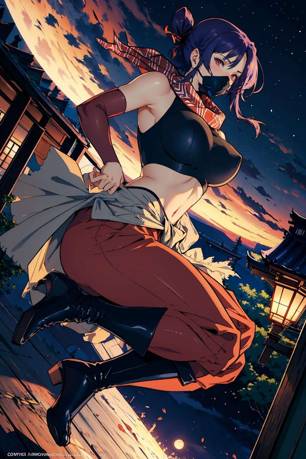 masterpiece, best quality, suzune, purple hair, red eyes, red scarf, mouth mask, black crop top, red pants, clothes around waist, elbow gloves, black boots, large breasts, from side, (jumping:1.2), furrowed brow, night, japanese architecture, moon <lora:suzune-nvwls-v3-000009:0.9>