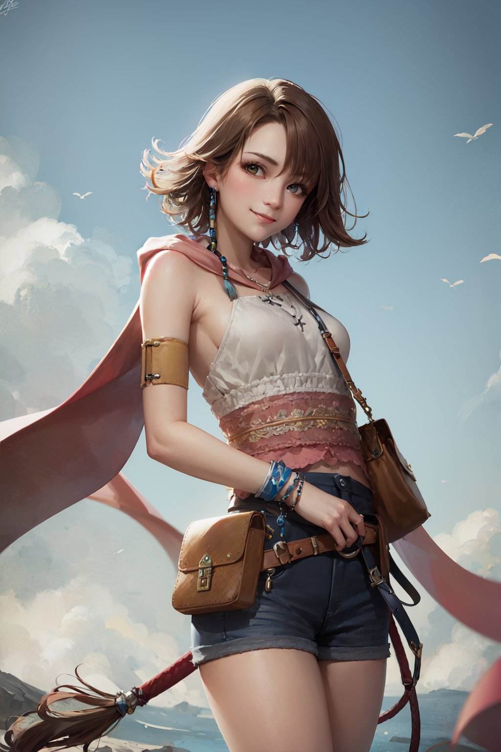 (masterpiece, best quality:1.2), <lora:ffx_yuna-11:1>, cowboy shot, solo, 1girl, yuna \(ff10\), smile, closed mouth, looking at viewer, heterochromia, green eyes, blue eyes, shorts, skirt, belt pouch