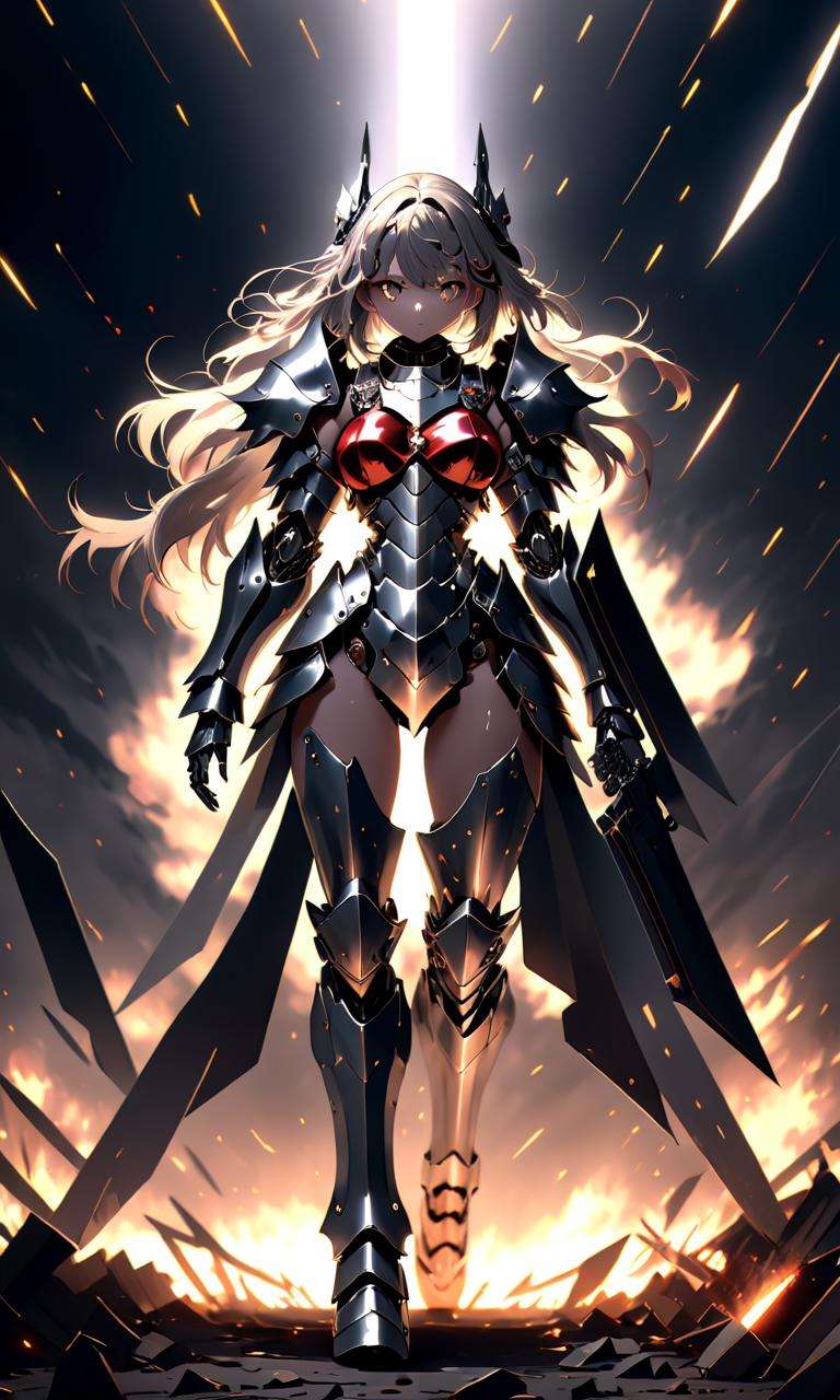 masterpiece, high quality, 8k, beautiful lighting, 1girl, solo, anime, <lora:anime_sdxl_v1:0.75>,chaos, apocalypse, military girl, full body metal armor, dark shiny metal