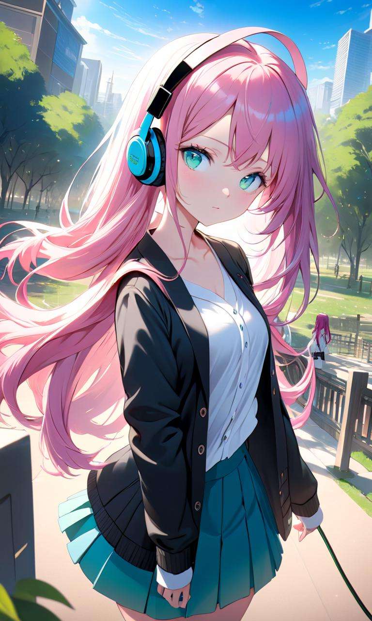 masterpiece, high quality, 8k, beautiful lighting, 1girl, solo, blue eyes, long hair, white shirt, blue cardigan, black jacket, green skirt, outdoors, cowboy shot, looking at viewer, anime, pink hair, blue headphones, headphones around neck, <lora:anime_sdxl_v1:0.75>