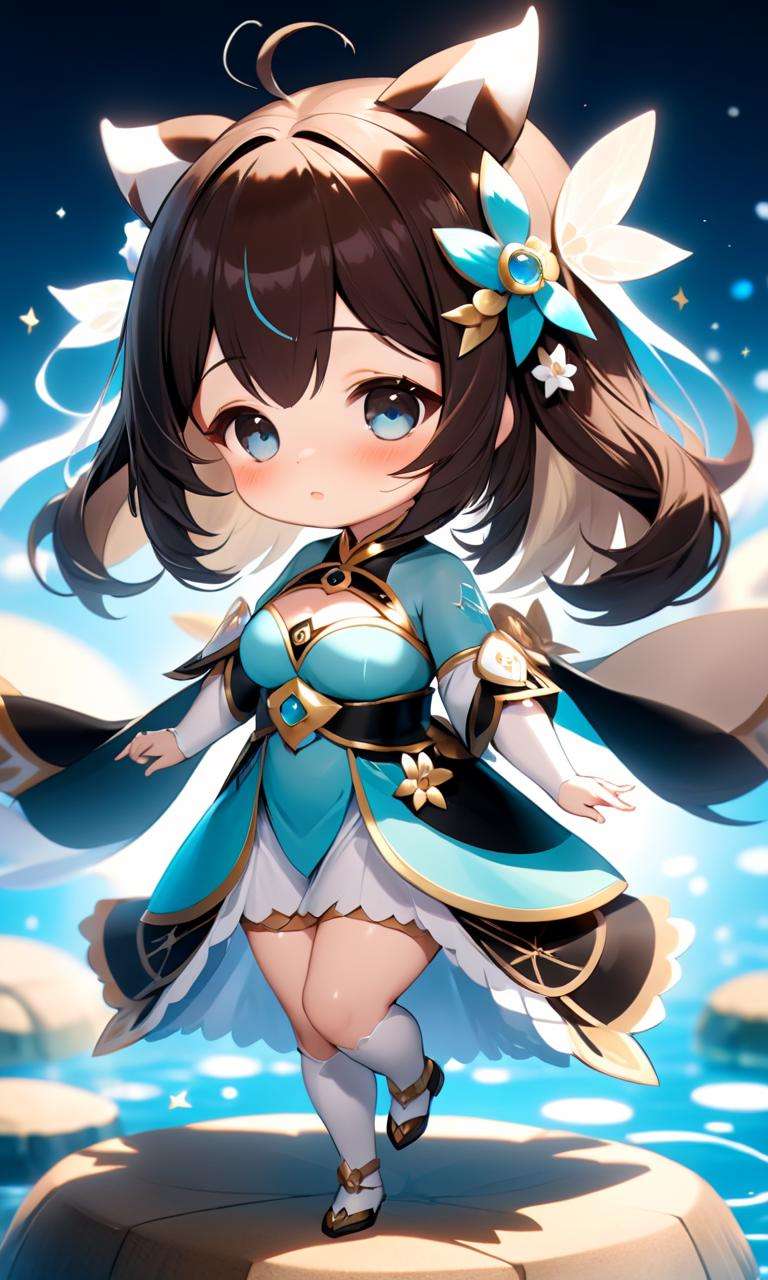 masterpiece, high quality, 8k, beautiful lighting, 1girl, solo, <lora:anime_sdxl_v1:0.75> ordee>, > <, absurdres, alternate costume, animal, aqua eyes, artist name, bangs, black hair, blush, breasts, brown hair, chibi, closed eyes, commentary, cosplay, crossover, dress, english commentary, eyelashes, floating, full body, genshin impact