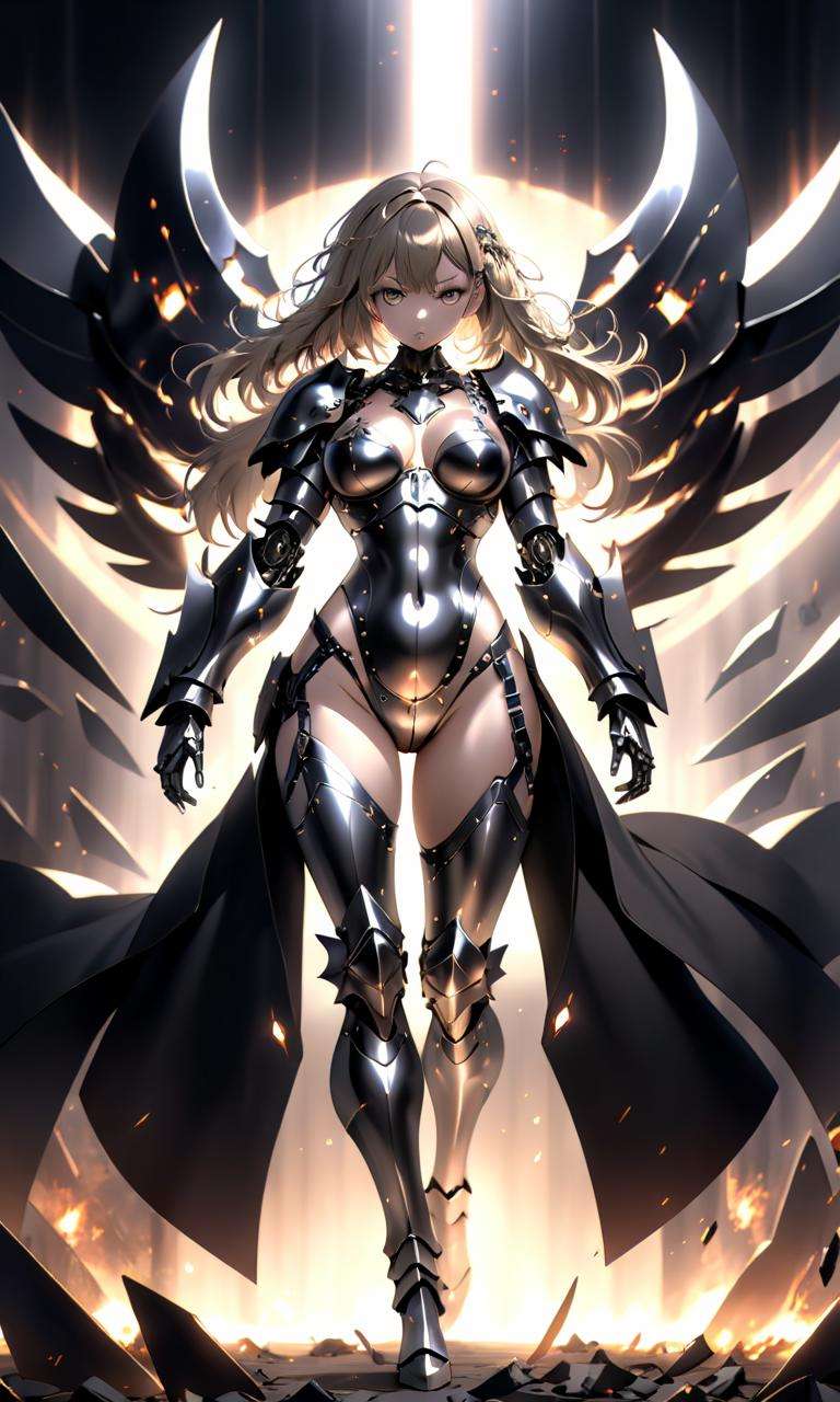 masterpiece, high quality, 8k, beautiful lighting, 1girl, solo, anime, <lora:anime_sdxl_v1:0.75>,chaos, apocalypse, military girl, full body metal armor, dark shiny metal, female bodysuit, female armor,belly free, metal bra