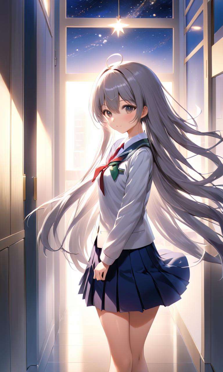 masterpiece, high quality, 8k, beautiful lighting, 1girl, solo, <lora:anime_sdxl_v1:0.75> very long hair, yuuki makoto style, zzzzky, zizi zayoi sakuya school uniform, zizi zayoi shikishi, zirorin-chan no tsutsukai ni shukufuku wo, zirorin-san, zirora