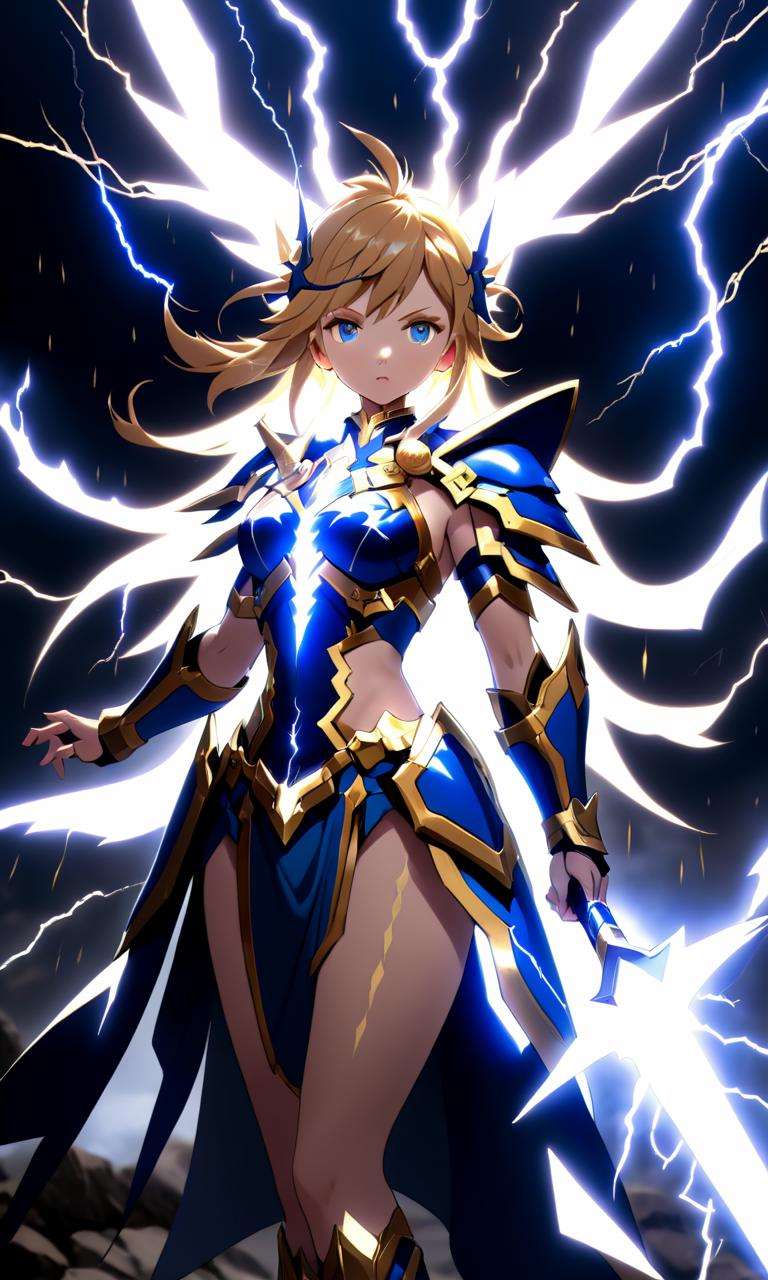 masterpiece, high quality, 8k, beautiful lightning, 1girl, solo, anime, <lora:anime_sdxl_v1:0.75>, goddes, god like, legendary lightning, legendary armor, legendary weapon, ancient