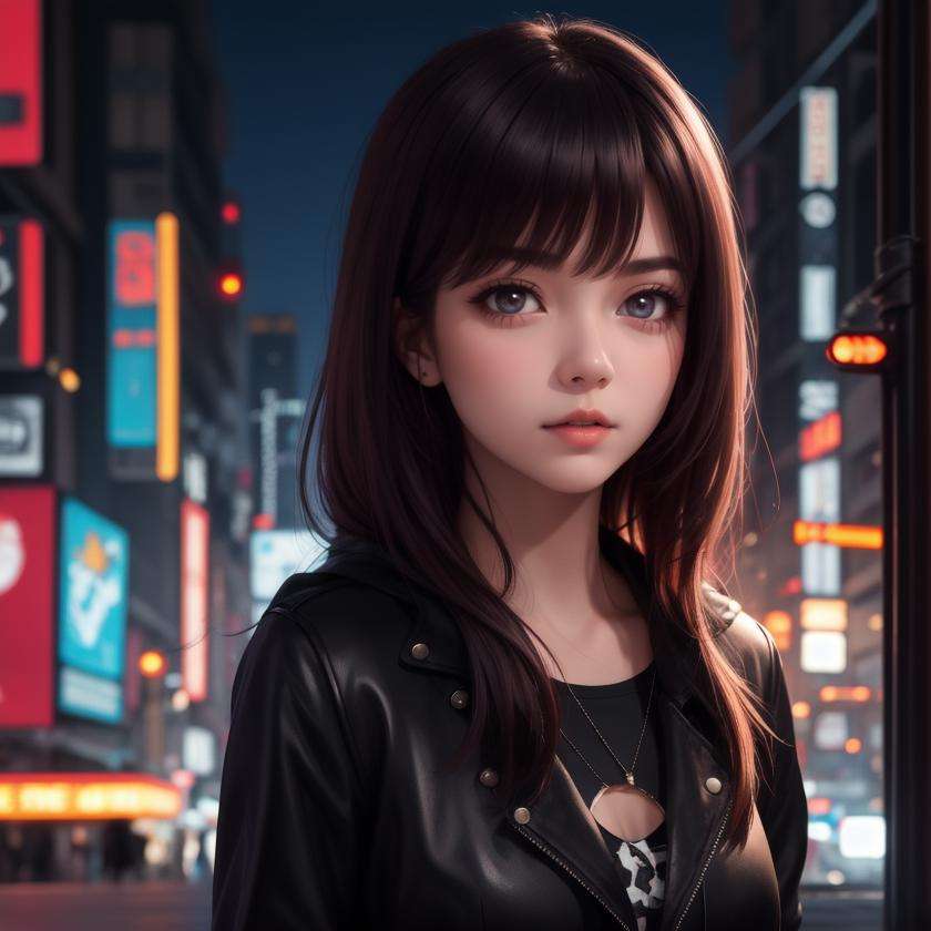 1girl, looking at viewer, walking on the street, night, bokeh, upper body, cyberpunk, face focus