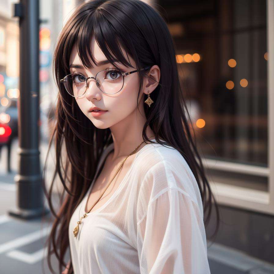 , 1girl, potrait, jewelly, face focus, looking at viewer, walking on the street, long hair, glasses