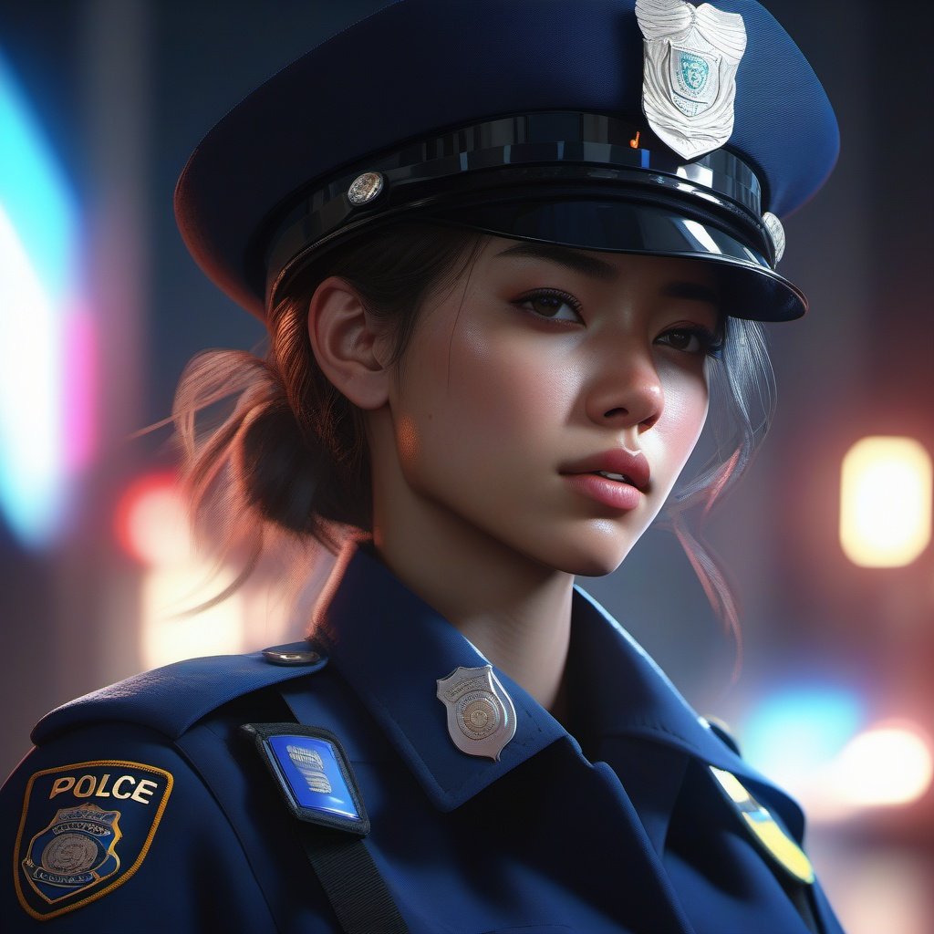 Girl, police,colors, dramatic, ultra realistic , atmospheric, sharp focus, centered, professional, sleek, modern, minimalist, realistic graphics, illustration, unreal engine 
