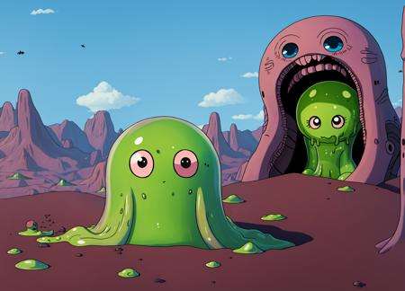 kawaii slime in an alien landscape by HR Giger