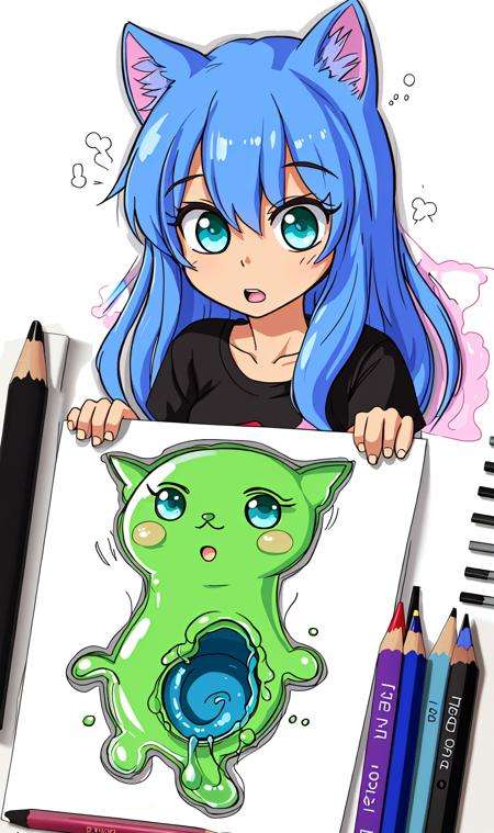 a bewildered catgirl, slime, pencil sketch 