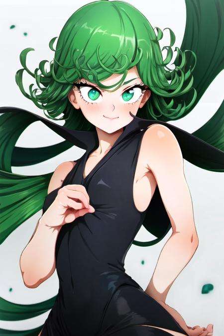 (best quality, masterpiece1.2), detailed,1girl, solo,looking at viewer,simple background, 😏standing ,side smile:1.1 ,detailed eyes ,  detailed  face, adorable face , cute, tatsumaki, long eyelashes, green eyes,  black dress, green aura, <lora:NeocoillArtist-15:1>,neocoill, <lora:tatsumaki:0.7>