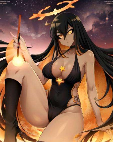 ((best quality)), ((highly detailed)), masterpiece, ((official art)), (detailed eyes, deep eyes), (1girl), <lora:BlackHoleM87BlackHole_v4:1>, blackholev4, dark skin, orange eyes, glowing eyes, black sclera, personification, colored inner hair, large breasts, very long hair, halo, orange halo, glowing halo, (outer space, Earth \(planet\)), floating near Earth \(planet\), stars, galaxies, giantess, <lora:neocoillArtistStyle_v10:.65>, neocoill