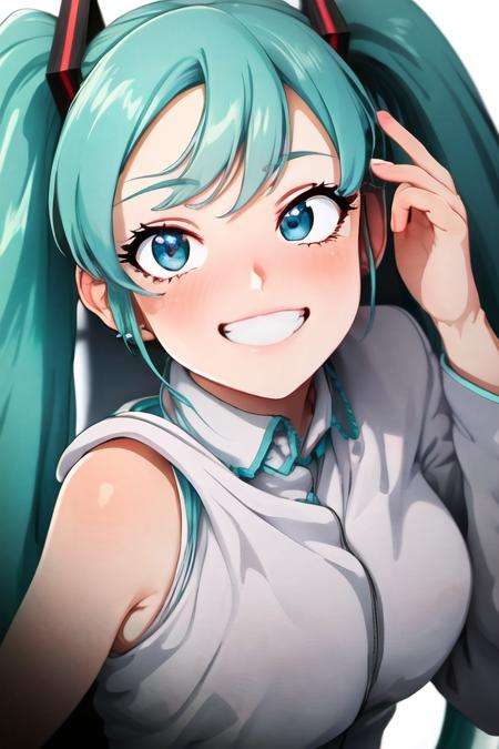 (best quality, masterpiece1.2), detailed,1girl, solo,looking at viewer,simple background, close-up, uwu, standing ,smile ,detailed eyes ,  detailed  face,realistic, adorable face , cute, hatsune miku, log eyelashes, teeth, <lora:NeocoillArtist-15:1>,neocoill, <lora:beautifulDetailedEyes:0.5>,elbow hand out of frame