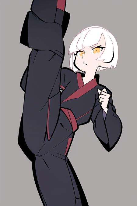 1girl,  bob cut, white hair, standing on one leg , flipped , fighting stance, martial arts uniform<lora:ThePinkPirate-22:0.9>, flat color, wide-eyed,   