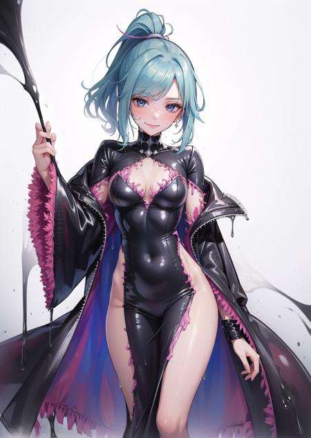 (1girl, colored inner hair very short hair high ponytail, forced smile) (digital) (in detailed runway, (robe )) , best quality, <lora:boldline:0.2>  <lora:hairdetailer:0.2>  (torn clothes, wet, slime, livcloth, tentacles, living clothes), <lora:livcloth:1.2>