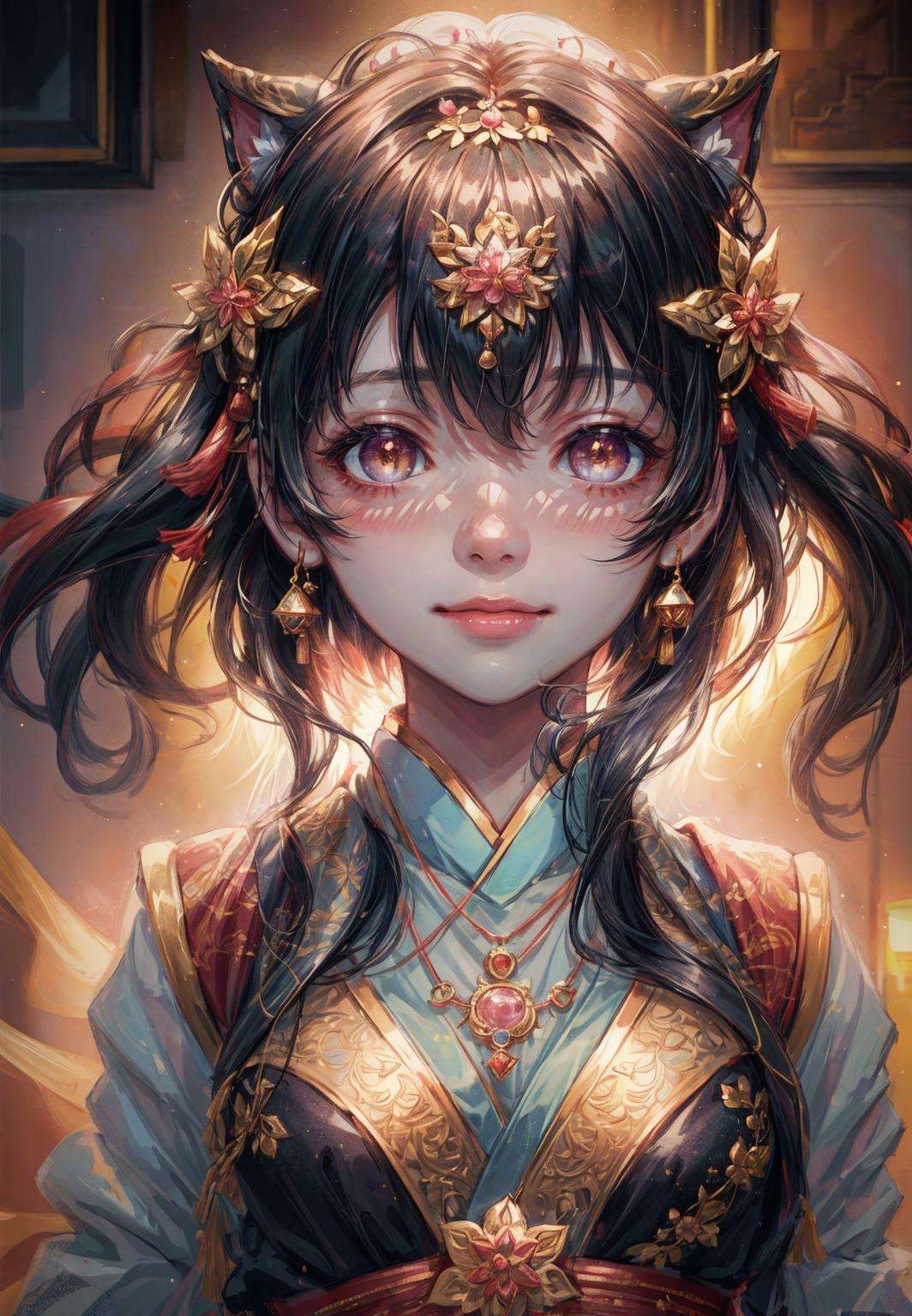 best quality, masterpiece, highres, 1girl,blush,(seductive smile:0.8),star-shaped pupils,china hanfu,hair ornament,necklace, jewelry,Beautiful face,upon_body, tyndall effect,photorealistic, dark studio, rim lighting, two tone lighting,(high detailed skin:1.2), 8k uhd, dslr, soft lighting, high quality, volumetric lighting, candid, Photograph, high resolution, 4k, 8k, Bokeh