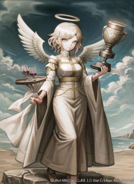 ((best quality)), ((highly detailed)), masterpiece, ((official art)), extremely detailed face, beautiful face, (detailed eyes, deep eyes), (1girl:1.33, solo), <lora:komatsuzakiRui_v20:.8>, ((cherub holding a large golden goblet of wine, short)), angelic, large white wings, symmetrical wings, (halo), golden glow, calm smile, short hair, flowing (white gown), (cross), __white__ hair, green eyes, (floating hair), (clouds)