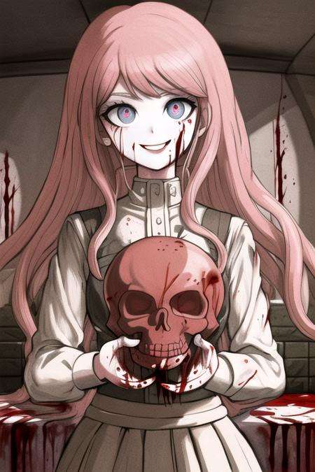 best quality, beautifully detailed illustration, beautifully detailed sunlight, soft lighting, (best shadows), masterpiece, best quality, highres, <lora:KomatsuzakiRuiV2:1>, 1girl, solo, upper body,  ((blood:1.3)), bones, holding skull, crazy smile, crazy eyes, pink blood, 