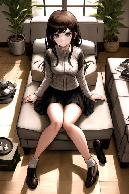 best quality, beautifully detailed illustration, beautifully detailed sunlight, soft lighting, (best shadows), masterpiece, best quality, highres,  BREAK indoors, television, movie poster on wall, plant, wall,BREAK<lora:KomatsuzakiRuiV2:1>, 1girl, solo, sitting, couch, sitting on couch,  looking at viewer, solo focus, 