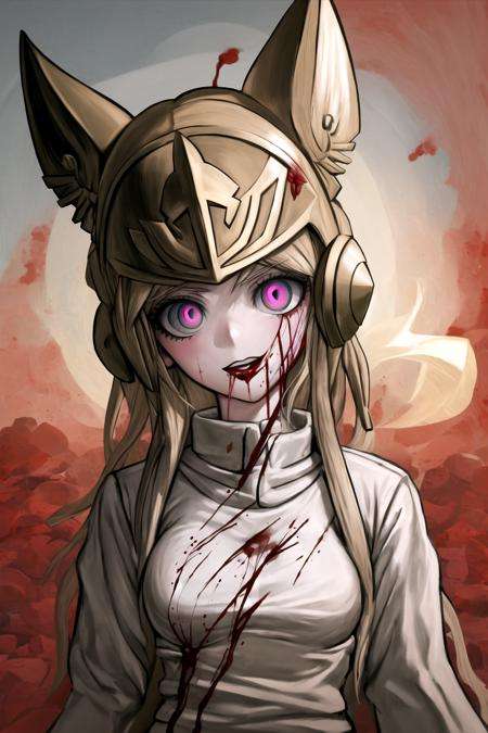 best quality, beautifully detailed illustration, beautifully detailed sunlight, soft lighting, (best shadows), masterpiece, best quality, highres, <lora:KomatsuzakiRuiV2:1>, 1girl, solo, upper body,  ((blood:1.3)), skull helmet, crazy eyes, pink blood, 