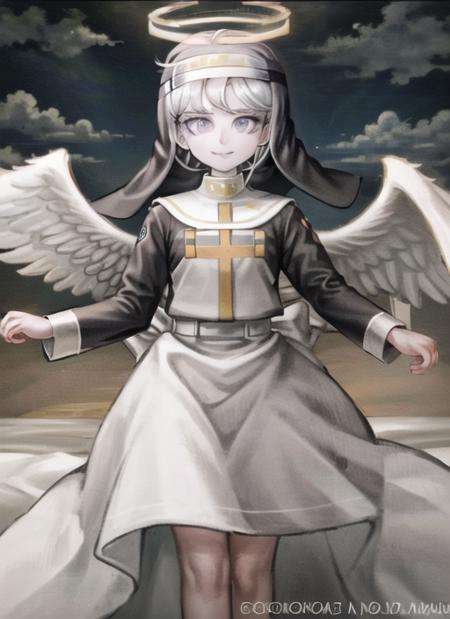 ((best quality)), ((highly detailed)), masterpiece, ((official art)), (detailed eyes, deep eyes), (1girl:1.33, solo), <lora:komatsuzakiRui_v20:.95>, ((angel)), angelic, large white wings, symmetrical wings, (halo), golden glow, calm smile, short hair, flowing (nun's habit), (cross), __white__ hair, purple eyes, (floating hair), (clouds)