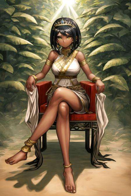 best quality, beautifully detailed illustration, beautifully detailed sunlight, soft lighting, (best shadows), masterpiece, best quality, highres, 1girl, solo, sitting on throne, short hair, black hair, tiara, jewels,  <lora:KomatsuzakiRuiV2:1>, crossing legs, feets, tribal clothes, jungle, outdoors, dark skinned female, bare shoulders, toes, bare foot, 