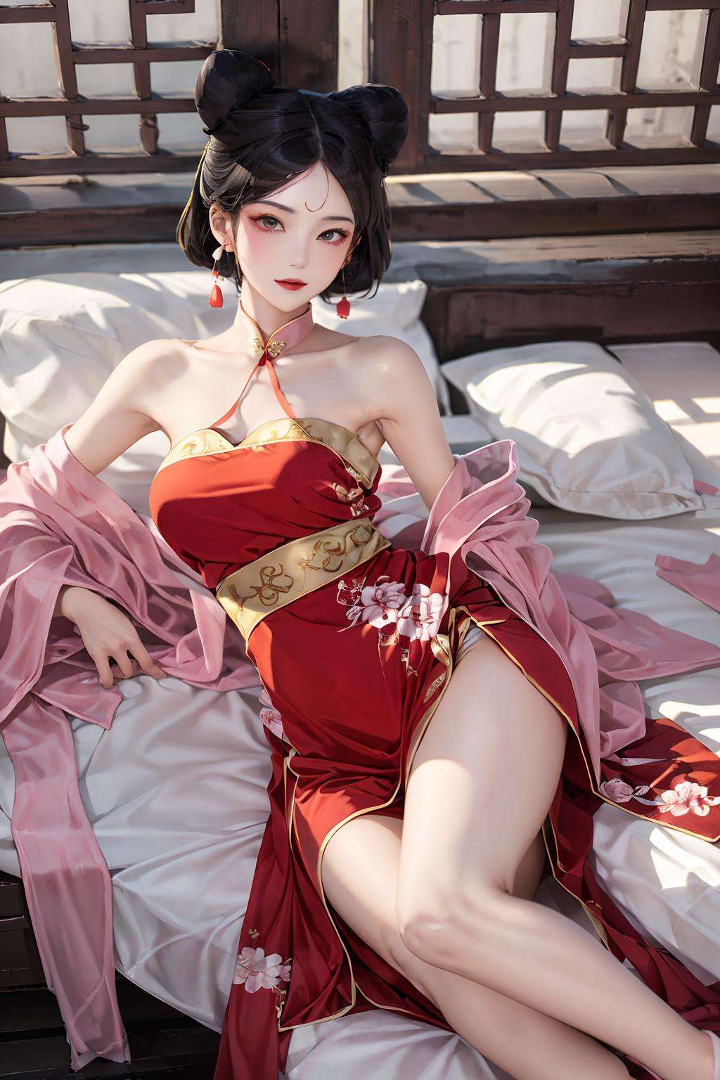 masterpiece,best quality,1 girl, daji, smille, red dress, chinese clothes, bare shoulders, pink earrings, lying on the bed, full body, top view, cyberhanfu, Cheongsam, (in red and pink), chinese_clothes, looking at viewer,, skinny, slim_legs, , model pose,chinese architecture, east asian architecture, chinese building, indoors, <lora:daji_v2:0.8>