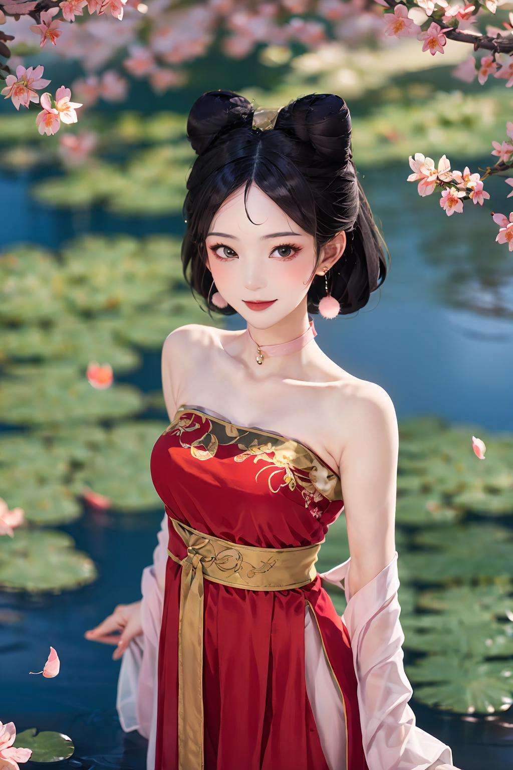 masterpiece,best quality, (top view),Aerial view， 1 girl, daji, smille, red dress, chinese clothes, bare shoulders, pink earrings,By the lake, peach blossoms, butterflies, petals flying <lora:daji_v2:0.8>