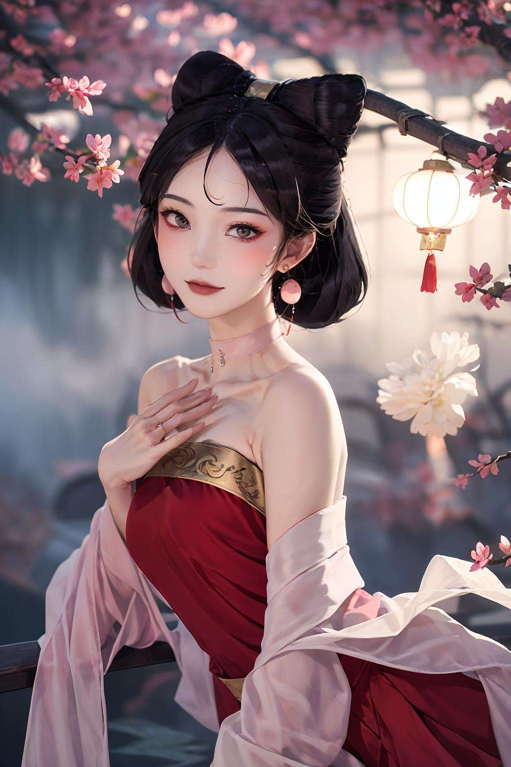 masterpiece,best quality, mist-shrouded，Purple smoke, forests,  1 girl, daji, smille, red dress, chinese clothes, bare shoulders, pink earrings,mysteries, branches, fallen leaves <lora:daji_v2:0.8>