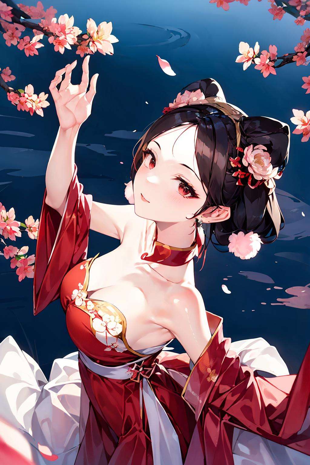 masterpiece,best quality, (top view),Aerial view， 1 girl, daji, smille, red dress, chinese clothes, bare shoulders, pink earrings,By the lake, peach blossoms, butterflies, petals flying <lora:daji_v2:0.8>