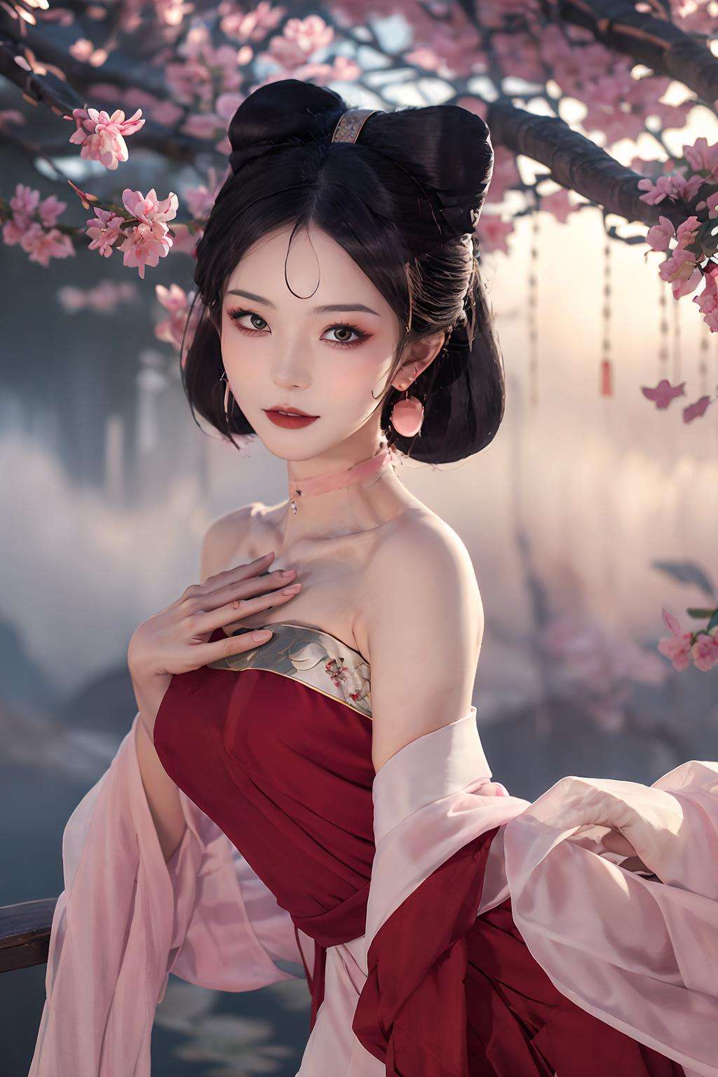 masterpiece,best quality, mist-shrouded，Purple smoke, forests,  1 girl, daji, smille, red dress, chinese clothes, bare shoulders, pink earrings,mysteries, branches, fallen leaves <lora:daji_v2:0.8>