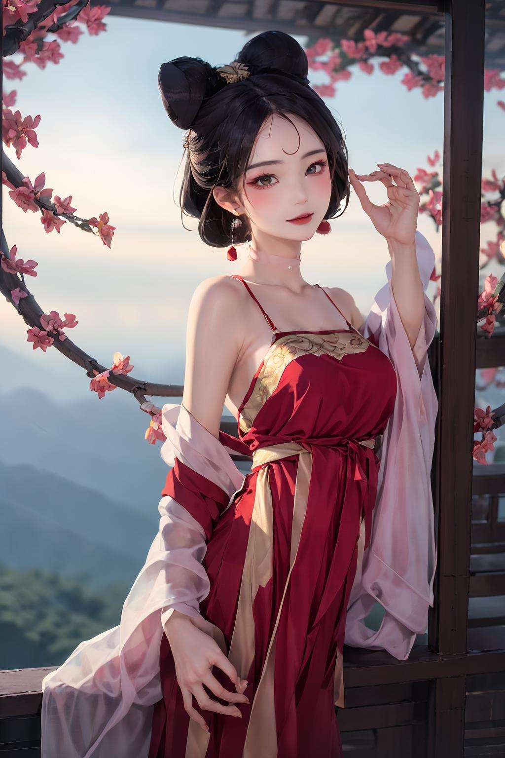 masterpiece,best quality, mist-shrouded，Purple smoke, forests,  1 girl, daji, smille, red dress, chinese clothes, bare shoulders, pink earrings,mysteries, branches, fallen leaves <lora:daji_v2:0.8>