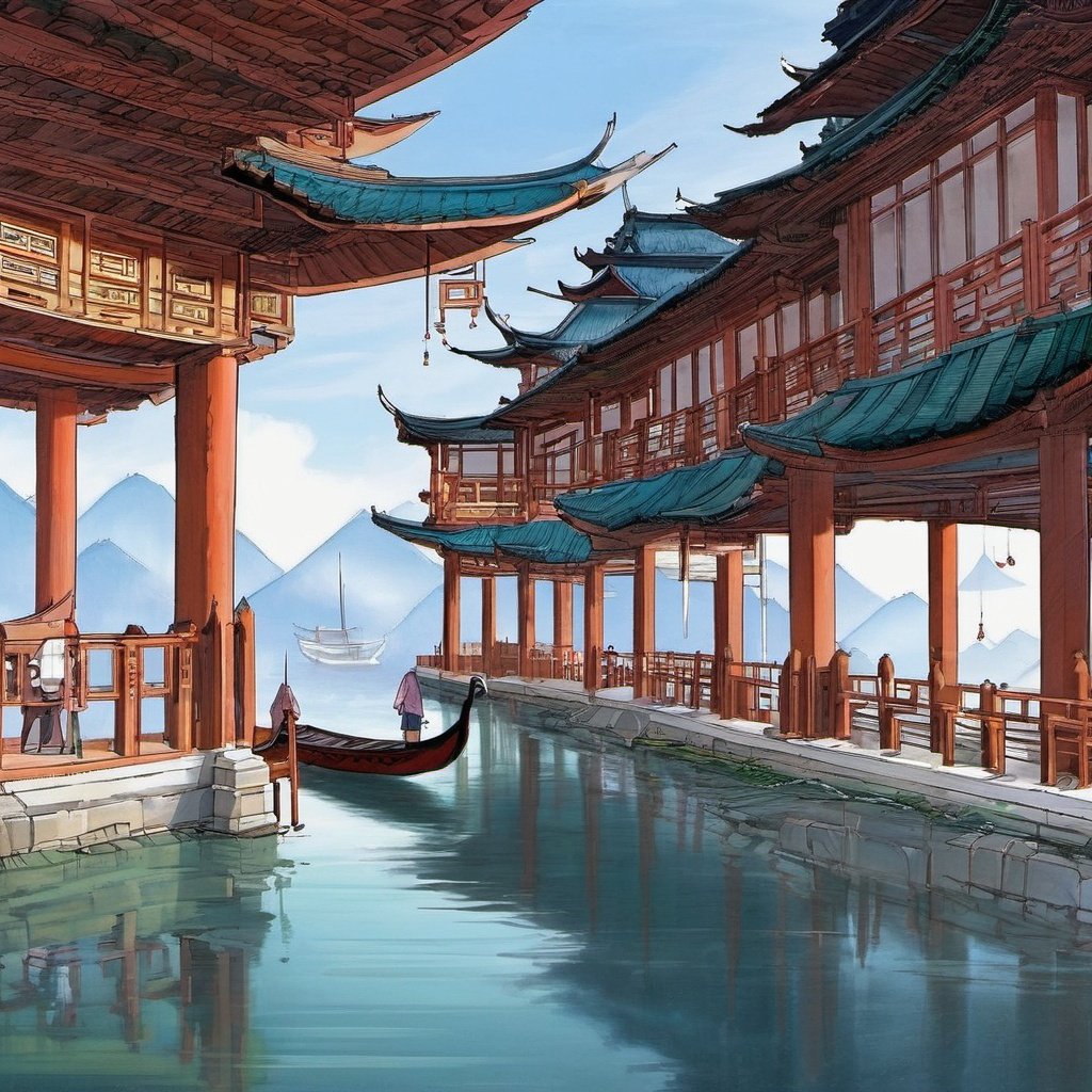 SkyRoad, no humans, scenery, water, east asian architecture, watercraft