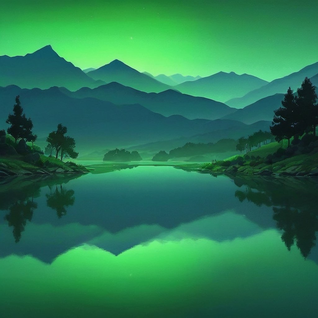 SkyRoad, no humans, green theme, scenery, mountain, outdoors, sky, lake, green background, landscape, water, mountainous horizon, nature, fog, reflection, night