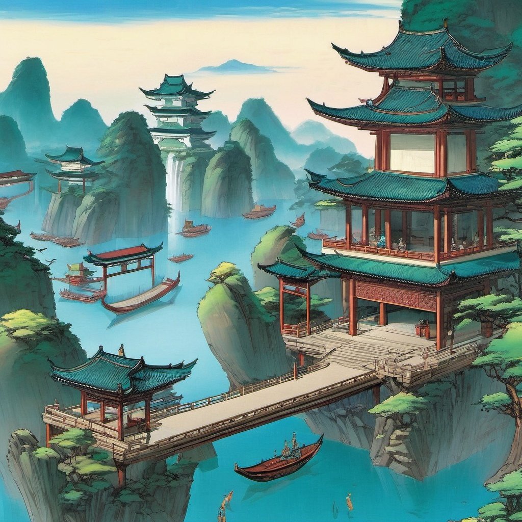 SkyRoad, no humans, scenery, water, east asian architecture, watercraft