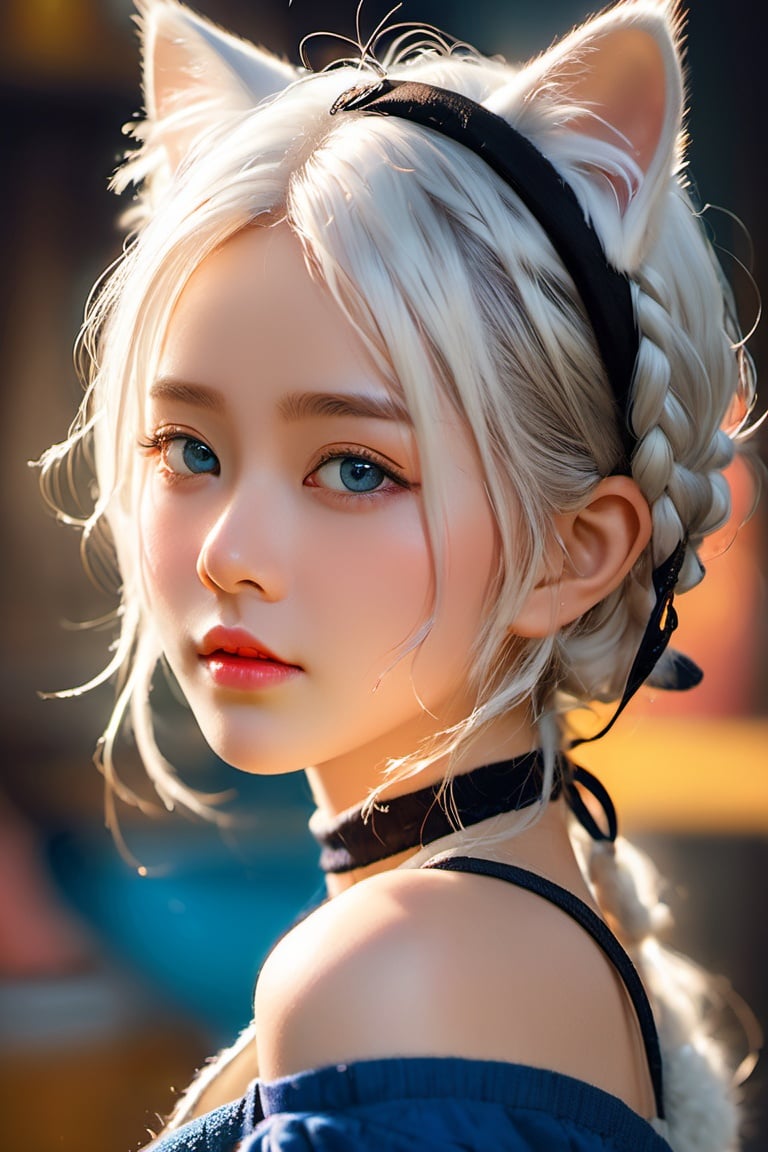 Solo, anime girl, full body, young adult body, medium chest, Hyperdetailed school background, School, 
Detailed medium white hair braid, hair braid, Cat ears, beautiful, Detailed eyes, blue eyes, Side view, torso shot from waist, Thick lineart, Anxious, Hyperdetailed natural light, detailed reflection light, 
volumetric lighting maximalist photo illustration 64k, resolution high res intricately detailed complex, 
key visual, precise lineart, vibrant, panoramic, cinematic, masterfully crafted, 64k resolution, beautiful, stunning, ultra detailed, expressive, hypermaximalist, colorful, rich deep color, vintage show promotional poster, glamour, anime art, fantasy art, brush strokes,, 16k, UHD, HDR,(Masterpiece:1.5), Absurdres, (best quality:1.5), Anime style photo, Manga style, Digital art, glow effects, Hand drawn, render,octane render, cinema 4d, blender, dark, atmospheric 4k ultra detailed, cinematic sensual, Sharp focus, hyperrealistic, big depth of field, Masterpiece, colors, 3d octane render, concept art, trending on artstation, hyperrealistic, Vivid colors,, modelshoot style, (extremely detailed CG unity 8k wallpaper), professional majestic oil painting by Ed Blinkey, Atey Ghailan, Studio Ghibli, by Jeremy Mann, Greg Manchess, Antonio Moro, trending on ArtStation, trending on CGSociety, Intricate, High Detail, Sharp focus, dramatic, photorealistic painting art,beautymix