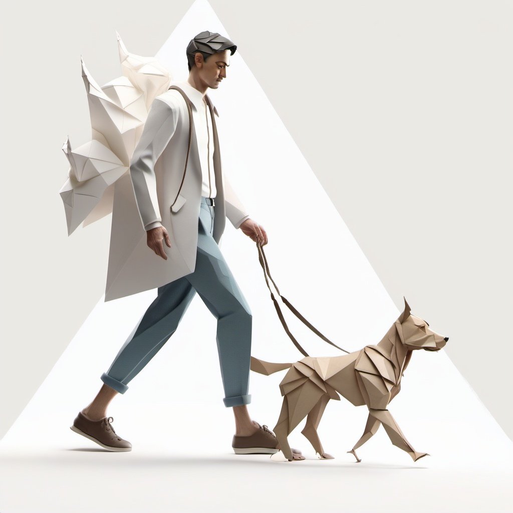 origami style, A  man walking with his dog , studio lighting, white background, pastel colors