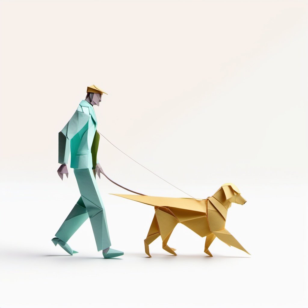 origami style, A  man walking with his dog , studio lighting, white background, pastel colors