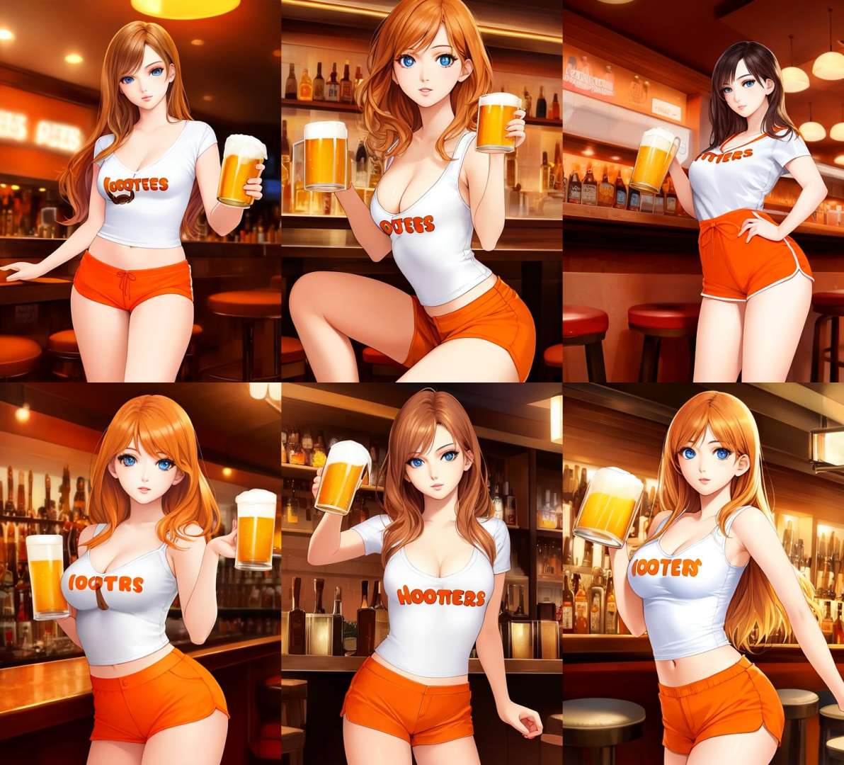 masterpiece, perfect eyes, anime, full body, perfect face, makeup, young woman, realistic photo, Hooters,  <lora:HootersV1:0.7>, beautiful face, perfect face, masterpiece, holding beer mug in bar, orange shorts, white shirt,