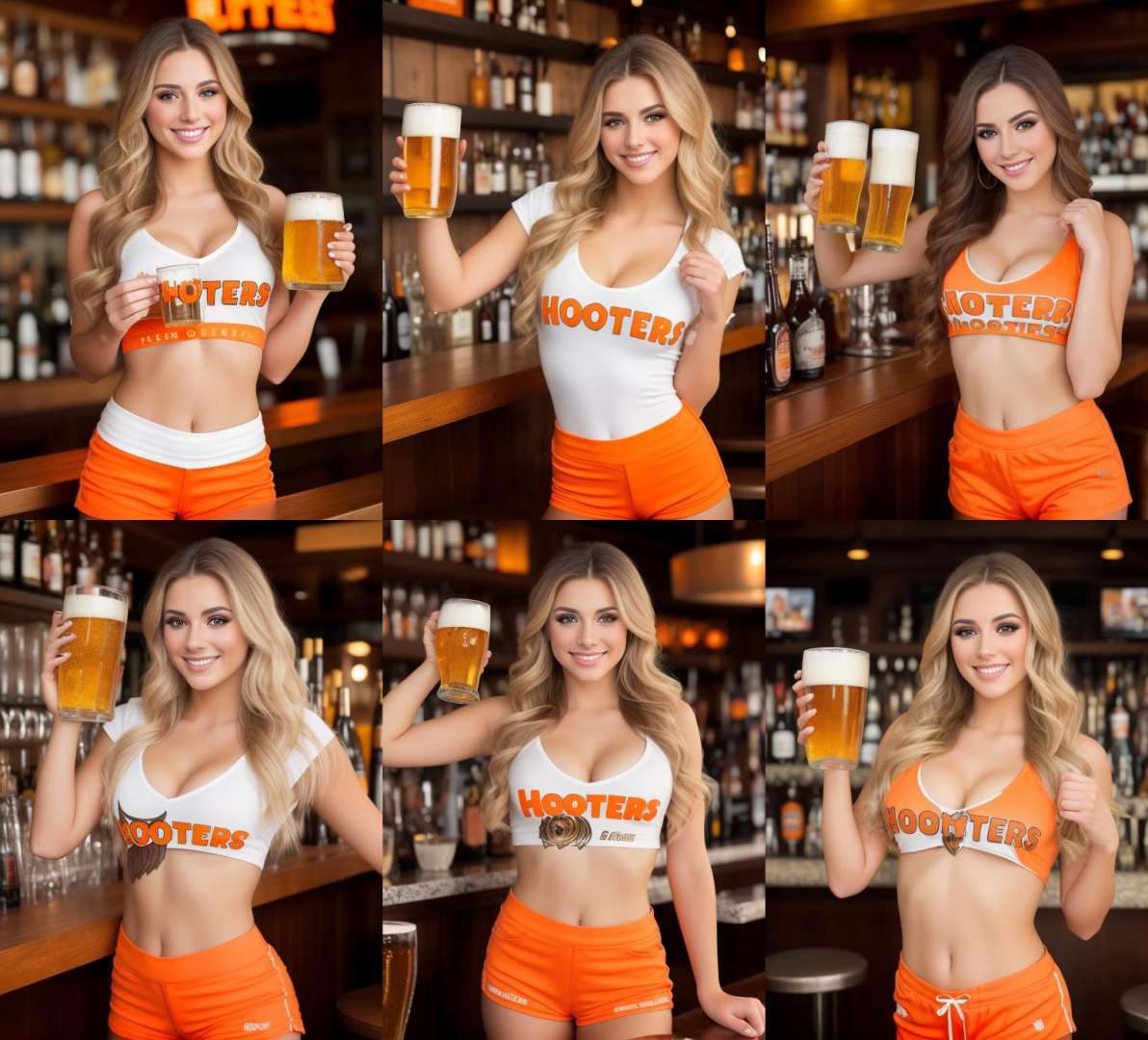 masterpiece, perfect eyes, beautiful faces, makeup, smile, professional photo, natural lighting, full body, perfect face, makeup, young woman, realistic photo, Hooters,  <lora:HootersV1:0.7>, beautiful face, perfect face, masterpiece, holding beer mug in bar, orange shorts, white shirt,