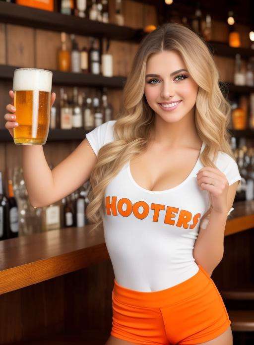 masterpiece, perfect eyes, beautiful faces, makeup, smile, professional photo, natural lighting, full body, perfect face, makeup, young woman, realistic photo, Hooters,  <lora:HootersV1:0.7>, beautiful face, perfect face, masterpiece, holding beer mug in bar, orange shorts, white shirt,