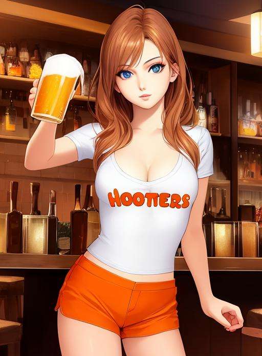 masterpiece, perfect eyes, anime, full body, perfect face, makeup, young woman, realistic photo, Hooters,  <lora:HootersV1:0.7>, beautiful face, perfect face, masterpiece, holding beer mug in bar, orange shorts, white shirt,