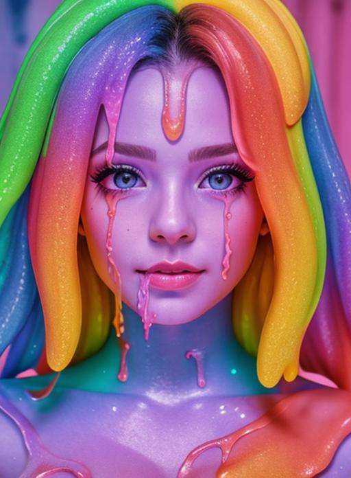 rainbow, slimes goopy slime skin photo realistic closeup portrait face in kitchen <lora:slimes_realistic-1:0.9> pretty eyes, woman