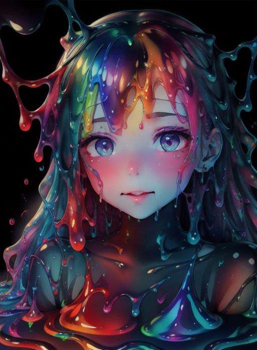 rainbow, slimes goopy slime skin photo realistic closeup portrait face in kitchen <lora:slimes_realistic-1:0.9> pretty eyes, adult woman