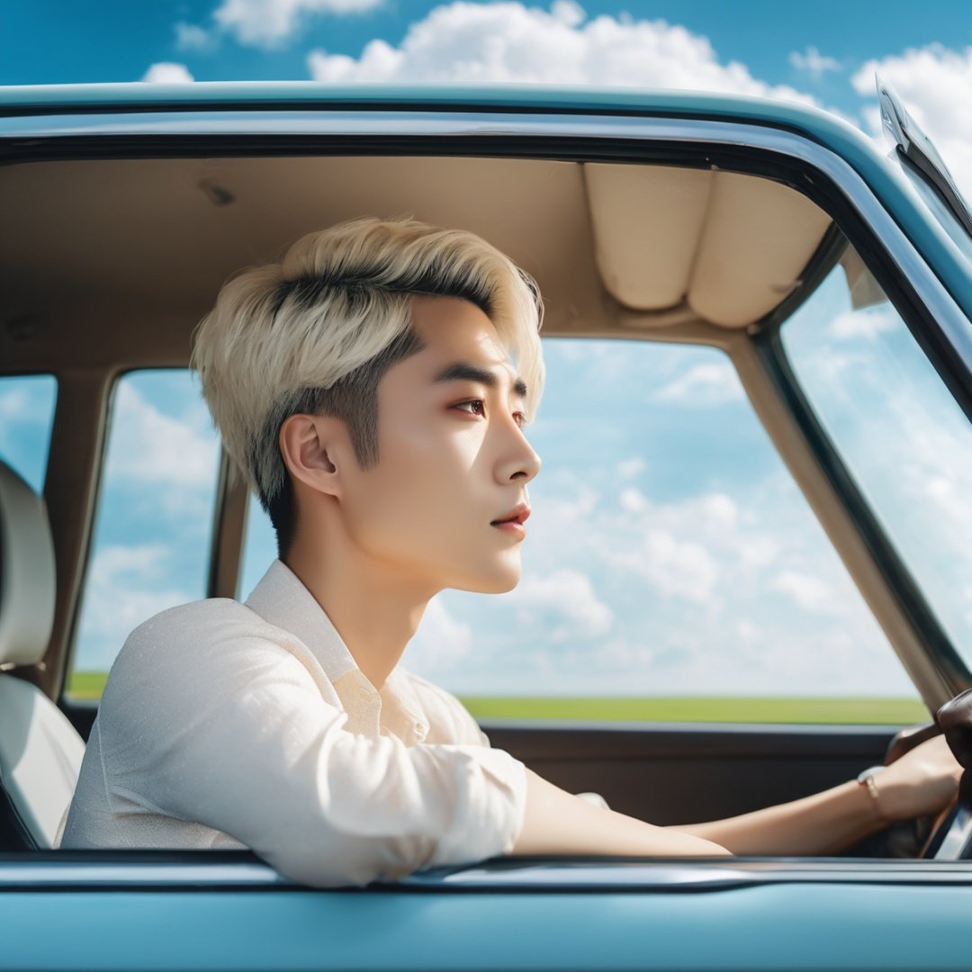 masterpiece, 1 Man, Look at me, Short blond hair, Oil head, Handsome, Sit in the car, Look out the window., Outdoor, Light blue sky, Clouds, Grassland, White flower, Close-up, Asian, textured skin, super detail, best quality