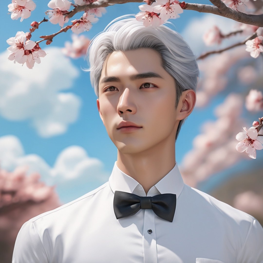 masterpiece, 1 Man, Look at me, Handsome, Black eyes, Silver hair, Short hair, Diamond stud earrings, White shirt, Bow tie, Upper body, Outdoor, Light blue sky, Clouds, Garden, Peach blossom, Flying petals, There is plenty of sunshine, Close-up, Realism, textured skin, super detail, best quality