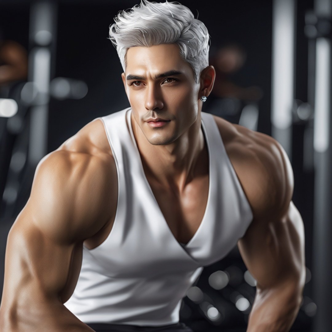 masterpiece, 1 Man, Look at me, Handsome, Black eyes, Silver hair, Short hair, Diamond stud earrings, White vest, Upper body, Indoor, Fitness Room, Close-up, Realism, textured skin, super detail, best quality