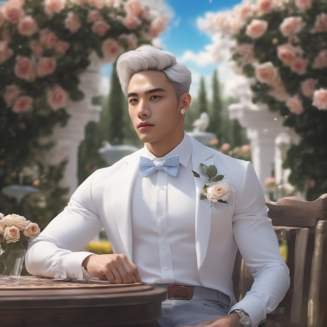 masterpiece, 1 Man, Look at me, Handsome, Black eyes, Silver hair, Short hair, Diamond stud earrings, White shirt, Bow tie, Outdoor, Light blue sky, Clouds, Garden, Coffee table, Roses on the table, Sit in a wooden chair, Flying petals, Fountain behind, There is plenty of sunshine, Close-up, Realism, textured skin, super detail, best quality