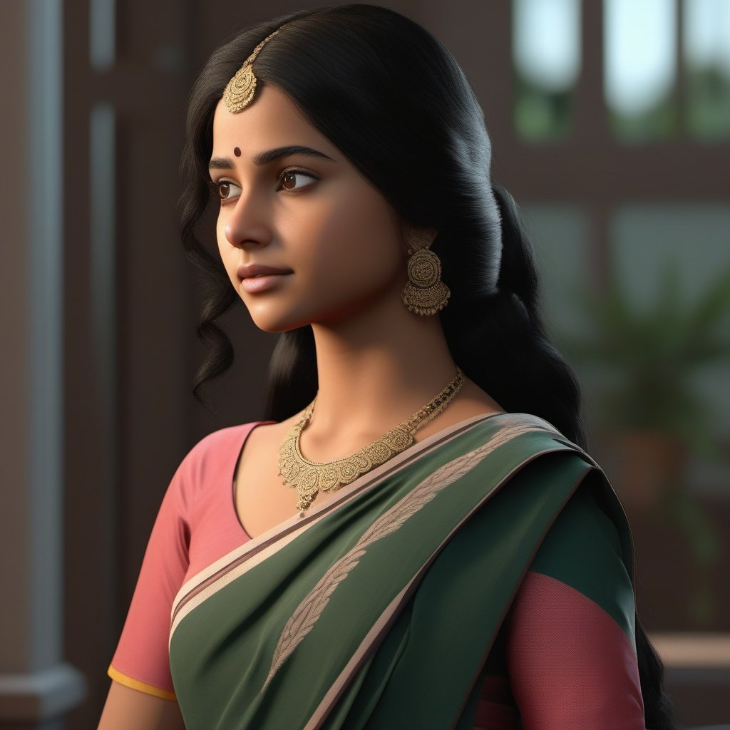 full scene, Modern Bengali girl, teenager girl, normal saree, long black hair, head and shoulders portrait, analog style,  thin eyebrow, 8k resolution,  dynamic lighting, volumetric lighting,Unreal Engine 5